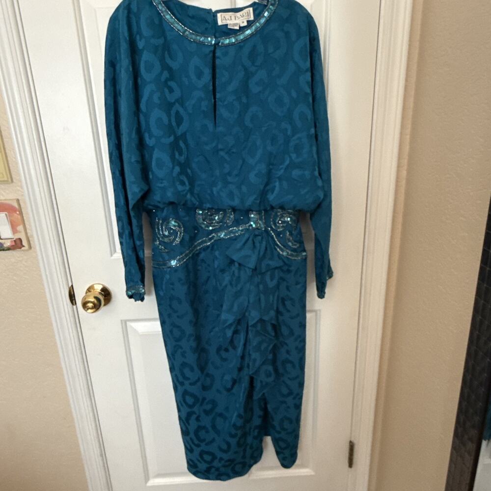 Vintage A. J. Bari DRESS Black Green 100% Silk 80's Women's Size 14